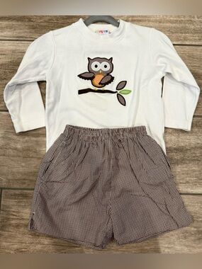 Owl embroidery Outfit brown white gringham shorts Sz 4
